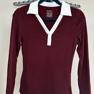 OGL Women's Deep Red and White V-Neck Long Sleeve Top